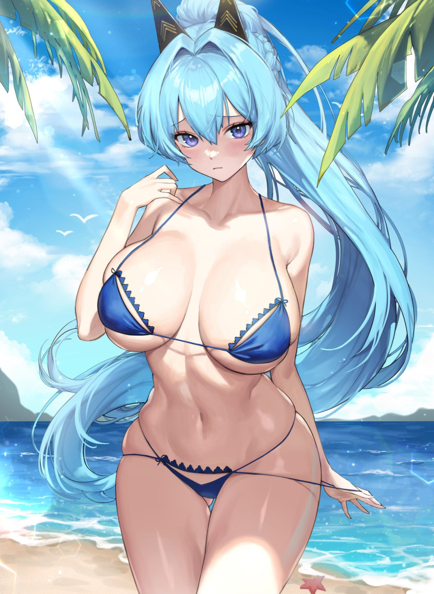 beach bikini bird blue_bikini blue_eyes blue_hair blue_sky blush breasts cloud cloudy_sky day female goddess_of_victory:_nikke hand_up helm_(aqua_marine)_(nikke) helm_(nikke) highres large_breasts long_hair looking_at_viewer micro_bikini navel ocean official_alternate_costume outdoors panties panty_pull pasadena sky starfish stomach string_pull swimsuit thighs underwear wet