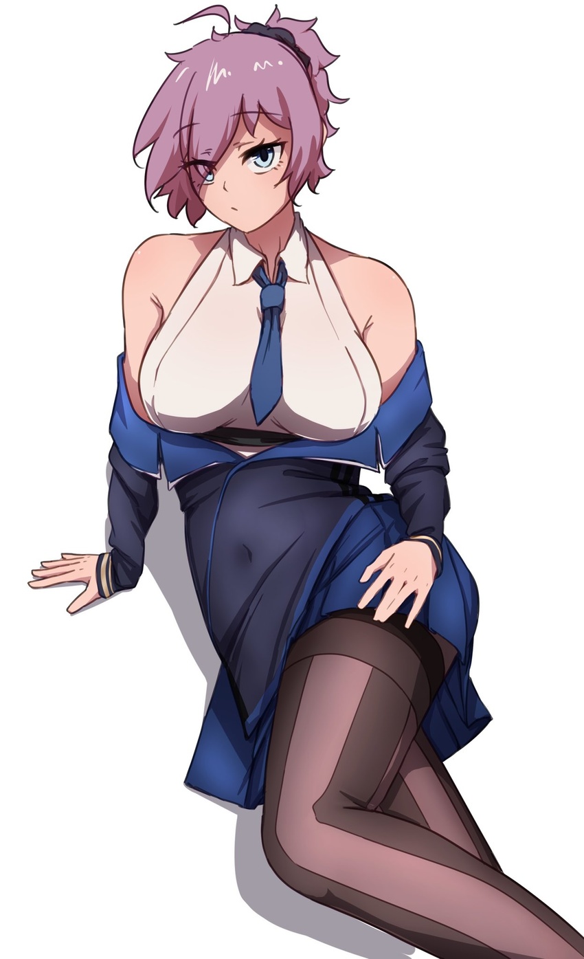 ahoge aoba_(kancolle) bare_shoulders black_jacket black_scrunchie blue_skirt breasts cosplay covered_navel feet_out_of_frame female green_eyes hair_ornament hair_scrunchie highres ikadamo jacket jacket_partially_removed kantai_collection large_breasts looking_at_viewer messy_hair military_uniform pleated_skirt ponytail purple_hair scrunchie shirt short_hair simple_background sitting skirt sleeveless sleeveless_shirt solo striped_clothes striped_thighhighs thighhighs uniform vertical-striped_clothes vertical-striped_thighhighs washington_(kancolle) washington_(kancolle)_(cosplay) white_background white_shirt yokozuwari