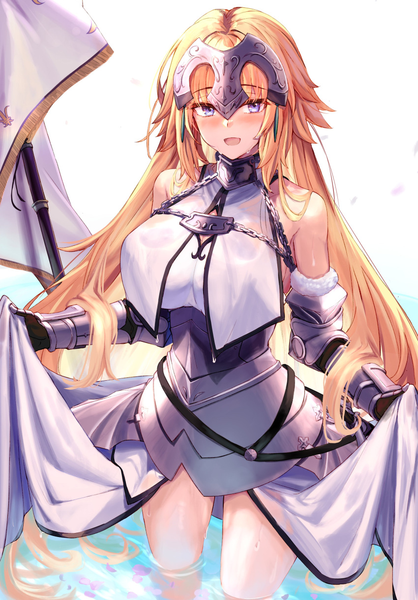 absurdres armor armored_dress blonde_hair blue_eyes blush breast_curtains breasts chains collar dress fate/apocrypha fate/grand_order fate_(series) faulds female flag gauntlets headpiece highres jeanne_d'arc_(fate) jeanne_d'arc_(ruler)_(fate) jeanne_d'arc_(third_ascension)_(fate) large_breasts long_hair looking_at_viewer metal_collar ninoude_(ninoude44) open_mouth plackart polearm smile solo thighs very_long_hair wading water weapon wet white_dress