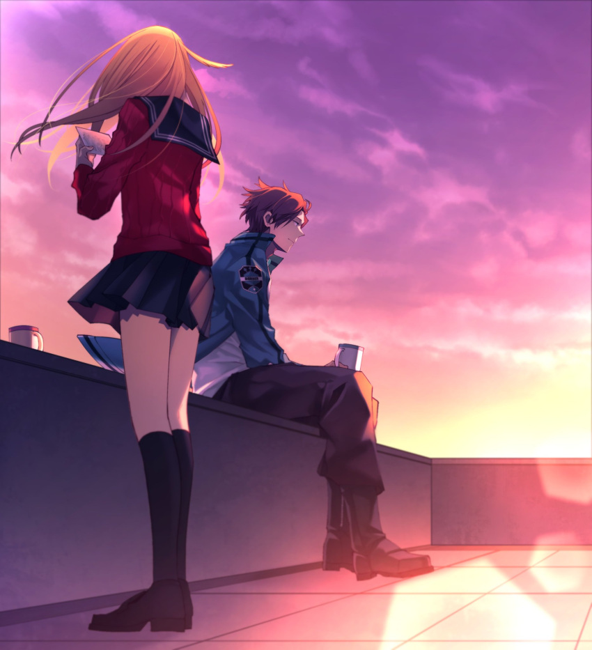 1boy black_pants black_skirt black_socks brown_hair cup female floating_clothes floating_hair highres holding holding_cup jin_yuuichi kneehighs konami_kirie light_smile loafers long_hair long_sleeves looking_ahead miniskirt morita_yuu outdoors pants pleated_skirt profile purple_sky reading red_sweater rooftop school_uniform serafuku shirt shoes short_hair sitting skirt sky socks standing sweater tile_floor tiles twilight uniform white_shirt wind world_trigger