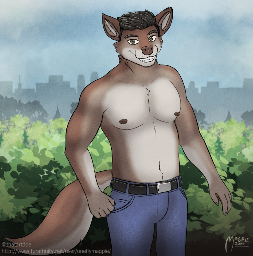 anthro belt black_hair bottomwear canid canine canis city clothed clothing denim denim_bottomwear denim_clothing fur hair hi_res iberian_wolf jeans leaf looking_at_viewer male mammal multicolored_body multicolored_fur nipples oneflymagpie outside pants portrait shirtless sky skyline smile solo standing teeth text three-quarter_portrait topless two_tone_body two_tone_fur url wolf