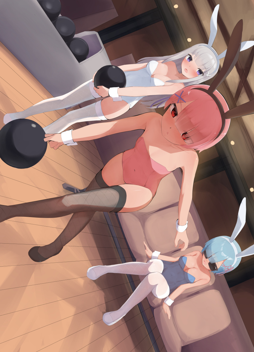 3girls absurdres animal_ears ball black_thighhighs blue_hair blue_leotard bowling bowling_alley bowling_ball breasts cleavage commentary commission covered_navel dutch_angle emilia_(re:zero) english_commentary fake_animal_ears grey_hair hair_ornament highres large_breasts leotard long_hair multiple_girls open_mouth parted_lips pink_hair pink_leotard pixiv_commission playboy_bunny purple_eyes rabbit_ears ram_(re:zero) re:zero_kara_hajimeru_isekai_seikatsu recklessdraw red_eyes rem_(re:zero) short_hair sitting small_breasts standing strapless strapless_leotard sunglasses thighhighs white_leotard white_thighhighs wrist_cuffs x_hair_ornament