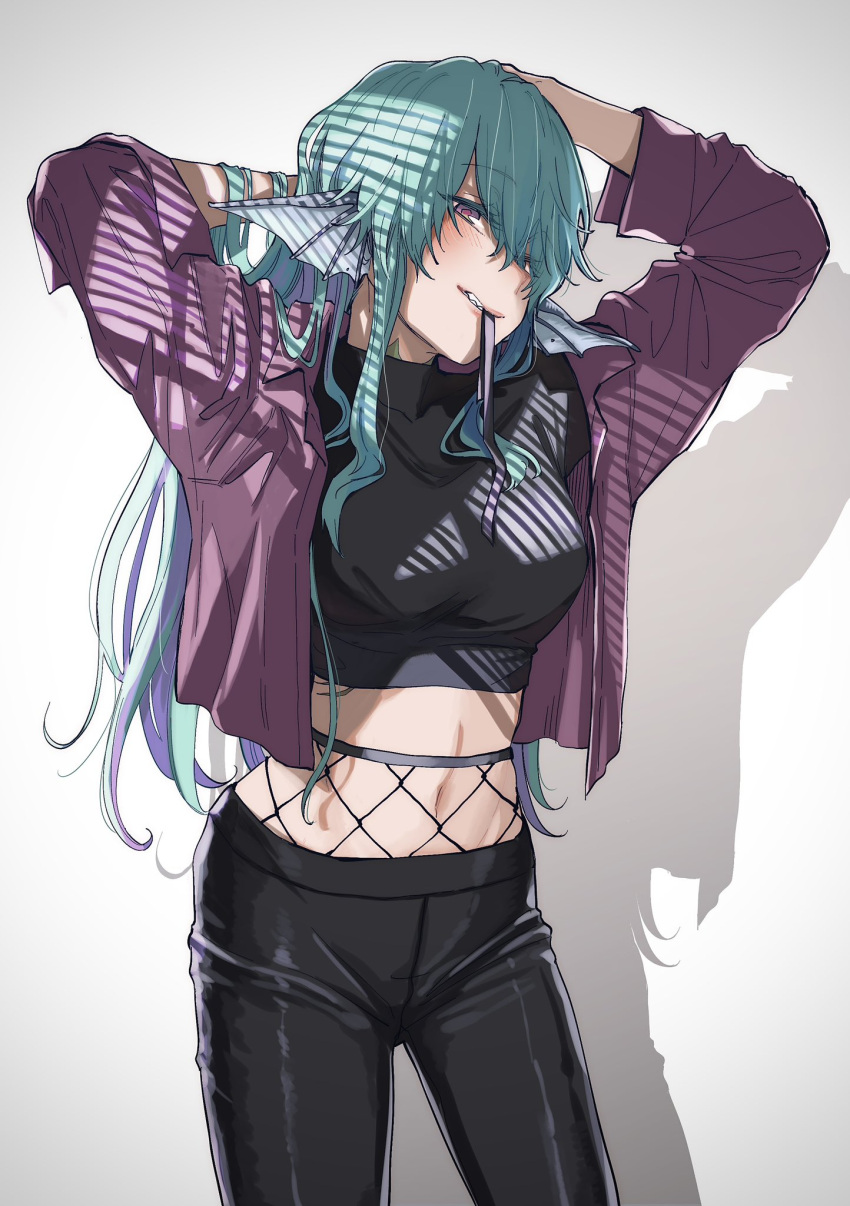 arms_behind_back black_pants black_shirt colored_inner_hair commentary_request crop_top female finana_ryugu finana_ryugu_(3rd_costume) fins fishnets green_hair grey_background hair_over_one_eye hair_tie_in_mouth head_fins head_tilt highres jacket kyouno long_hair looking_at_viewer mouth_hold multicolored_hair nijisanji nijisanji_en pants purple_eyes purple_hair purple_jacket shirt simple_background solo tying_hair virtual_youtuber