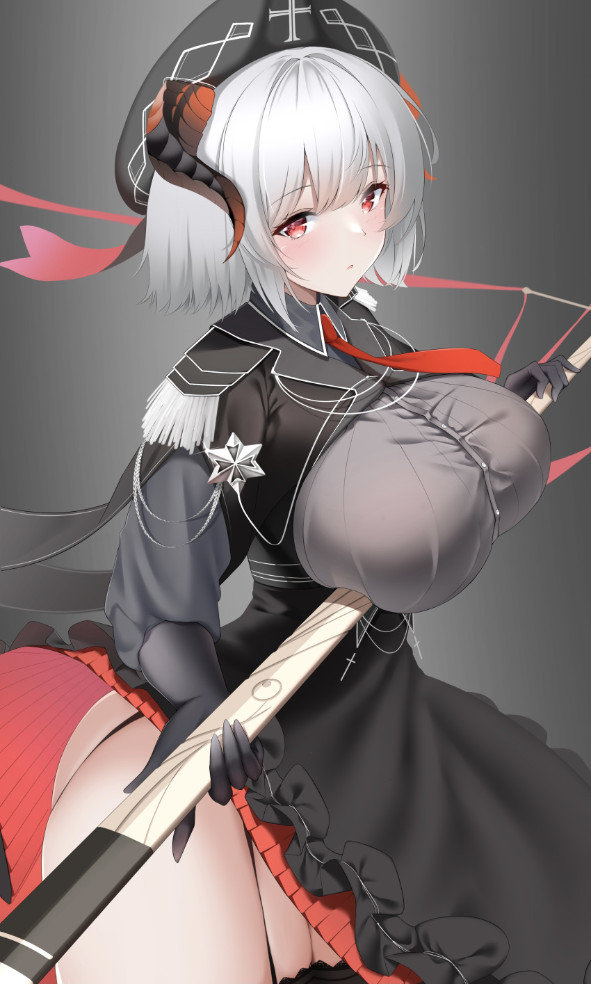 absurdres azur_lane black_dress black_garter_straps black_headwear black_thighhighs breast_rest breasts carried_breast_rest carrying cien_(shikanokuni) cowboy_shot cross dress epaulettes female framed_breasts from_side garter_straps grey_hair grey_headwear highres horns huge_breasts iron_cross looking_at_viewer medal necktie nuernberg_(azur_lane) red_eyes red_necktie short_hair solo thighhighs