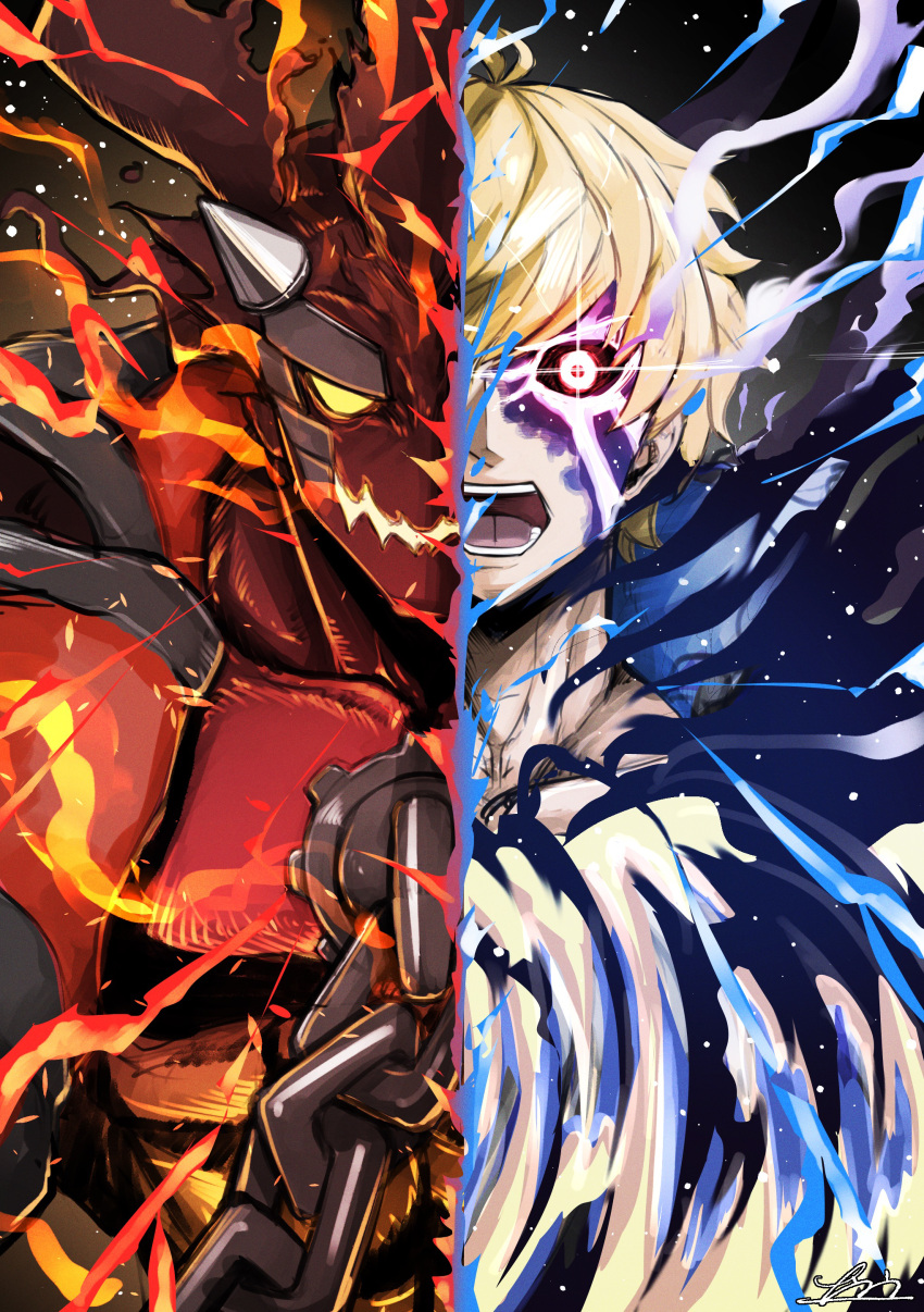 2boys absurdres blonde_hair blue_fire chains dragon_install fire glowing glowing_eyes guilty_gear guilty_gear_strive highres horns ky_kiske looking_at_viewer multiple_boys nankou_(koutanan) open_mouth sharp_teeth sol_badguy split_theme teeth upper_body