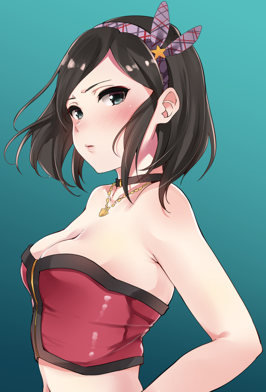 bare_shoulders black_choker black_eyes black_hair black_trim blue_background blush breasts choker cleavage collarbone commentary crop_top female from_side gradient_background hair_ornament hairband highres idolmaster idolmaster_cinderella_girls idolmaster_cinderella_girls_starlight_stage jewelry looking_at_viewer medium_breasts midriff murabito_c navel necklace no_eyewear parted_lips plaid_hairband purple_hairband saejima_kiyomi short_hair simple_background solo star_(symbol) star_hair_ornament strapless tube_top upper_body