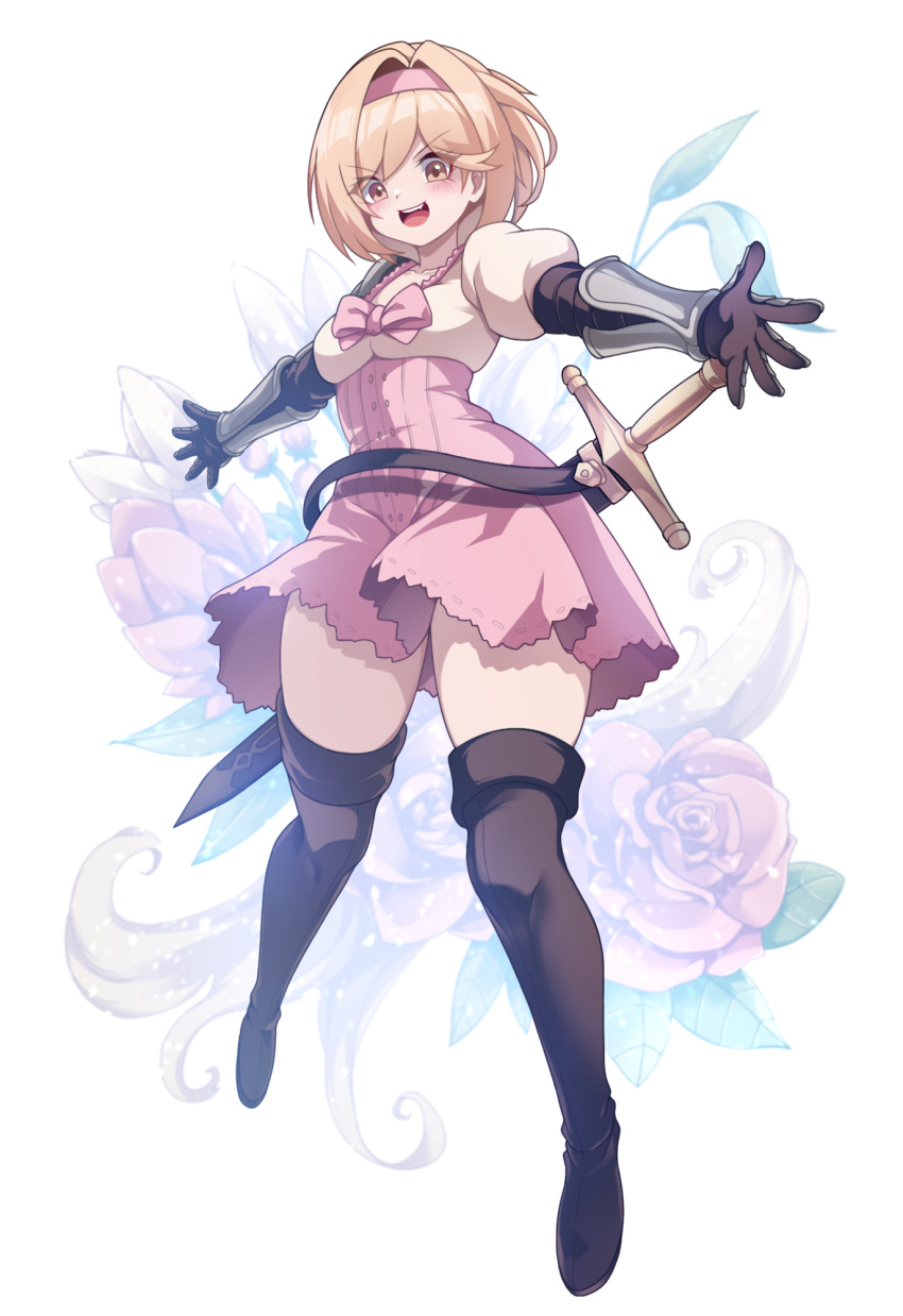 :d belt black_footwear black_gloves blonde_hair blush boots bow brown_eyes collarbone commentary_request djeeta_(granblue_fantasy) dot_nose dress female fighter_(granblue_fantasy) floral_background flower full_body fuyu_no_usagi gloves granblue_fantasy hair_intakes hairband highres legs_apart looking_at_viewer open_mouth outstretched_arms pink_bow pink_dress pink_hairband red_flower red_rose rose short_dress short_hair smile solo spread_arms sword thigh_boots vambraces weapon white_background zettai_ryouiki