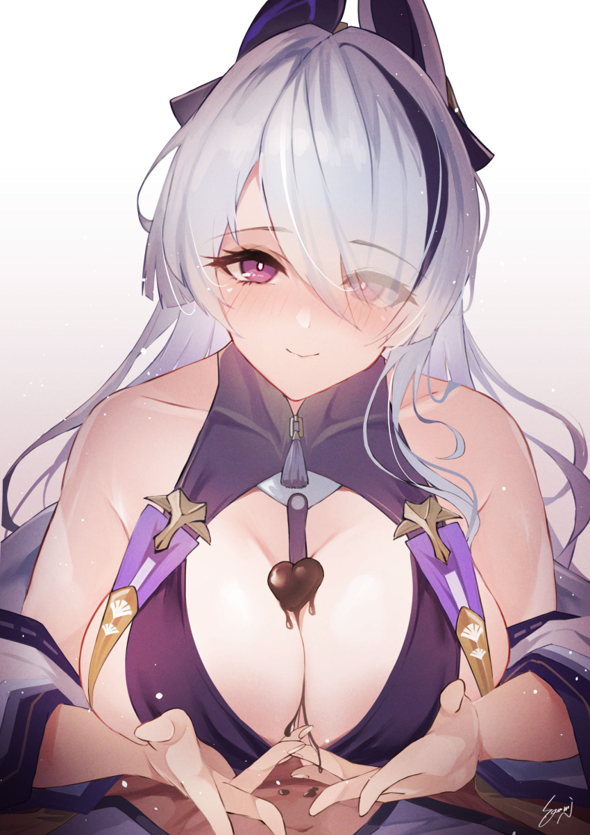 1boy azur_lane bare_shoulders black_hair blush breasts candy chocolate chocolate_on_body chocolate_on_breasts cleavage closed_mouth collarbone commentary eyes_visible_through_hair female fingernails food food_on_body gradient_background grey_hair hair_over_one_eye heart heart-shaped_chocolate highres large_breasts looking_at_viewer multicolored_hair purple_eyes sea_nami signature smile straight streaked_hair unzen_(azur_lane)