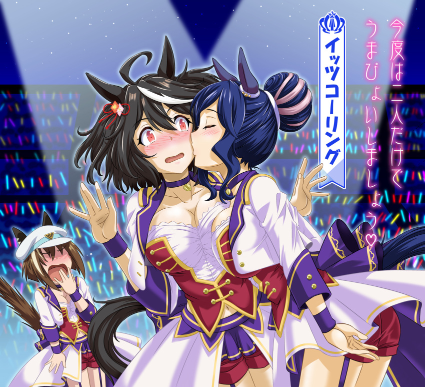 3girls ahoge animal_ears asymmetrical_bangs black_hair blue_hair blush bob_cut breasts brown_hair cheval_grand_(umamusume) choker cleavage corset cropped_jacket ear_covers embarrassed faceless faceless_female hair_between_eyes hair_bun hair_ribbon hat highres horse_ears horse_girl inverted_bob it's_calling_(umamusume) jacket jealous kitasan_black_(umamusume) large_breasts midriff multicolored_hair multiple_girls navel overskirt peaked_cap pendant_choker purple_choker purple_thighhighs purple_wristband red_corset red_eyes red_ribbon red_shorts ribbon short_hair shorts starting_future_(umamusume) streaked_hair thighhighs translated two-tone_hair umajiri_gyuunyuu umamusume umapyoi_(phrase) wavy_hair white_hair white_headwear white_jacket yuri