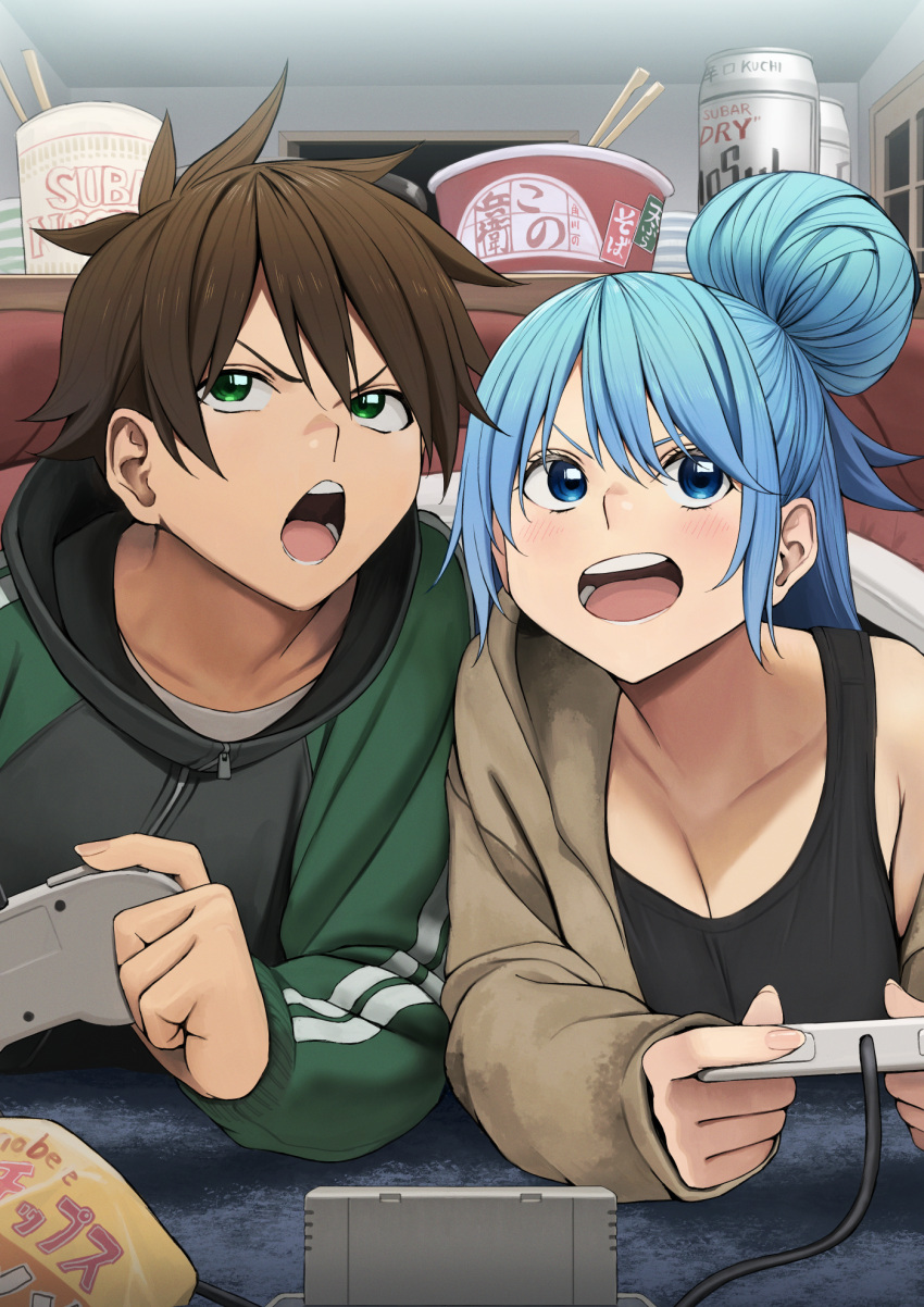 aqua_(konosuba) beer_can black_jacket black_tank_top blue_eyes blue_hair brand_name_imitation breast_rest breasts brown_hair calbee_(potato_chips) can chopsticks cleavage collarbone commentary_request contemporary controller cup_ramen donbei_tempura_soba drink_can female foreshortening game_cartridge game_console game_controller green_eyes green_jacket hair_bun highres holding holding_controller holding_game_controller indoors instant_ramen instant_soba izawa_(bhive003) jacket kono_subarashii_sekai_ni_shukufuku_wo! kotatsu large_breasts long_hair long_sleeves lying md5_mismatch nissin_cup_noodle nissin_donbei on_stomach open_mouth playing_games satou_kazuma single_bare_shoulder single_hair_bun smile striped_clothes striped_jacket super_famicom super_famicom_cartridge super_famicom_gamepad table tank_top under_kotatsu under_the_table v-shaped_eyebrows vertical-striped_clothes vertical-striped_jacket zipper_pull_tab