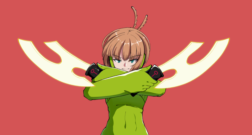 aqua_eyes axe battle_axe bodysuit brown_hair closed_mouth covered_navel crossed_arms dual_wielding energy_axe feather_hair female gloves glowing glowing_weapon green_bodysuit green_gloves hands_up headphones highres holding konami_kirie light_brown_hair naenokyuuri_(truchmobis) power_suit red_background short_hair simple_background smile solo straight-on uniform upper_body weapon world_trigger