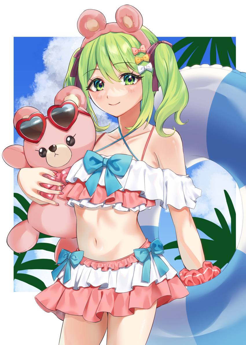 absurdres animal_ears bare_shoulders bear_ears bikini blue_bow blue_sky blush bow closed_mouth cloud cloudy_sky collarbone criss-cross_halter day fake_animal_ears female green_eyes green_hair hair_between_eyes hairband halterneck highres hugging_object innertube morinaka_kazaki navel nijisanji pink_bikini pink_bow pink_hairband pink_scrunchie scrunchie sidelocks sky smile solo stuffed_animal stuffed_toy swim_ring swimsuit teddy_bear tsumetsume_zerii twintails virtual_youtuber white_bikini white_bow wrist_scrunchie yellow_bow