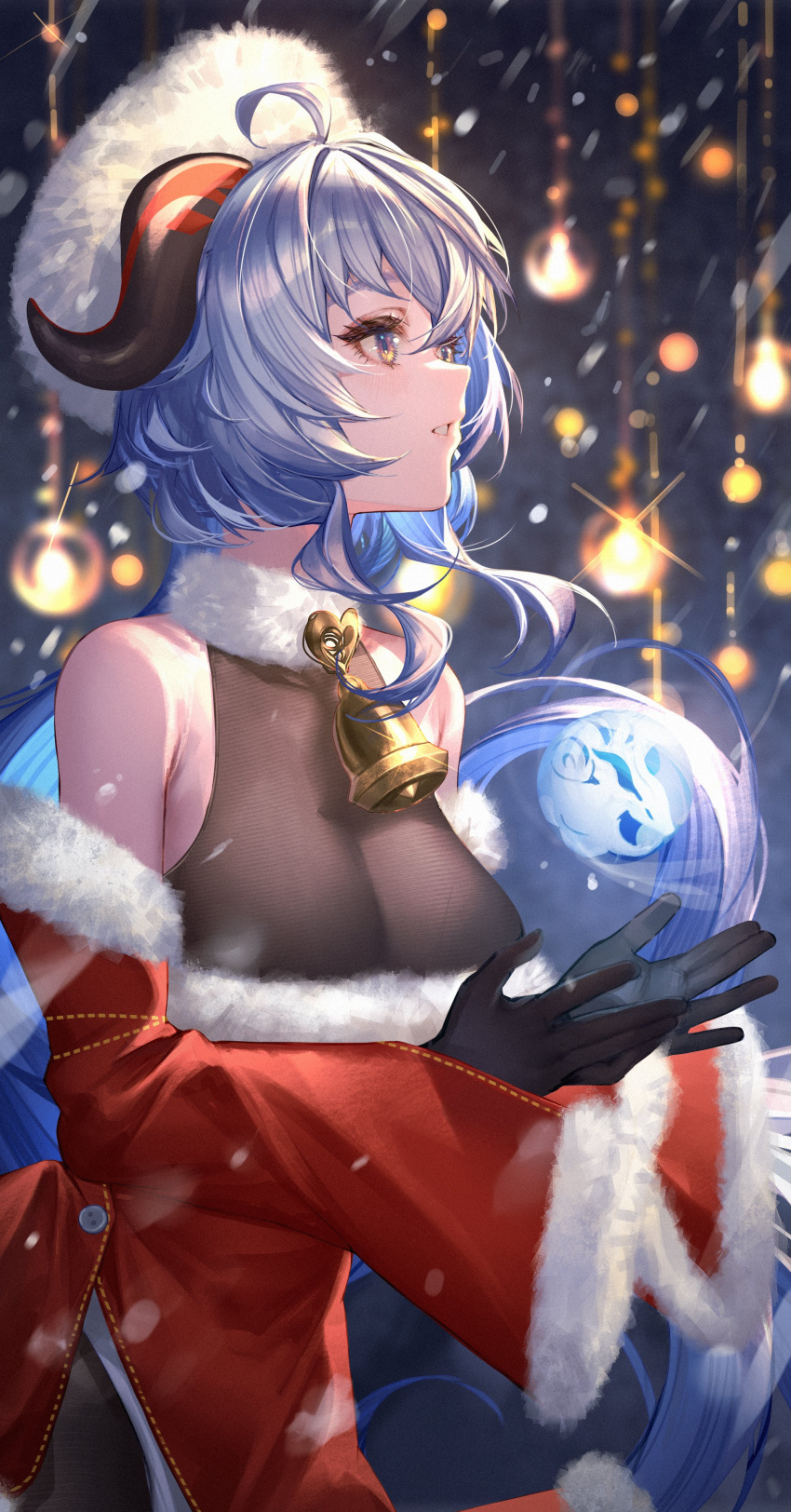 absurdres ahoge bare_shoulders bell black_gloves blue_hair breasts christmas female fine_fabric_emphasis fur_trim ganyu_(genshin_impact) genshin_impact gloves gold_trim halterneck hat highres horns long_hair looking_to_the_side medium_breasts neck_bell orb parted_lips purple_eyes santa_costume santa_hat sidelocks solo takubon