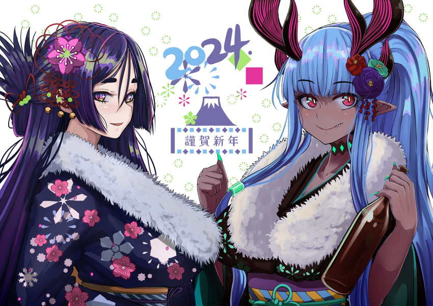 2024 2girls b.d blue_hair blush breasts colored_skin fate/grand_order fate_(series) fur_collar grey_skin happy_new_year highres horns ibuki_douji_(fate) ibuki_douji_(swimsuit_berserker)_(fate) japanese_clothes kimono large_breasts long_hair looking_at_viewer md5_mismatch minamoto_no_raikou_(fate) multiple_girls oni parted_bangs pointy_ears ponytail purple_eyes purple_hair red_eyes sidelocks