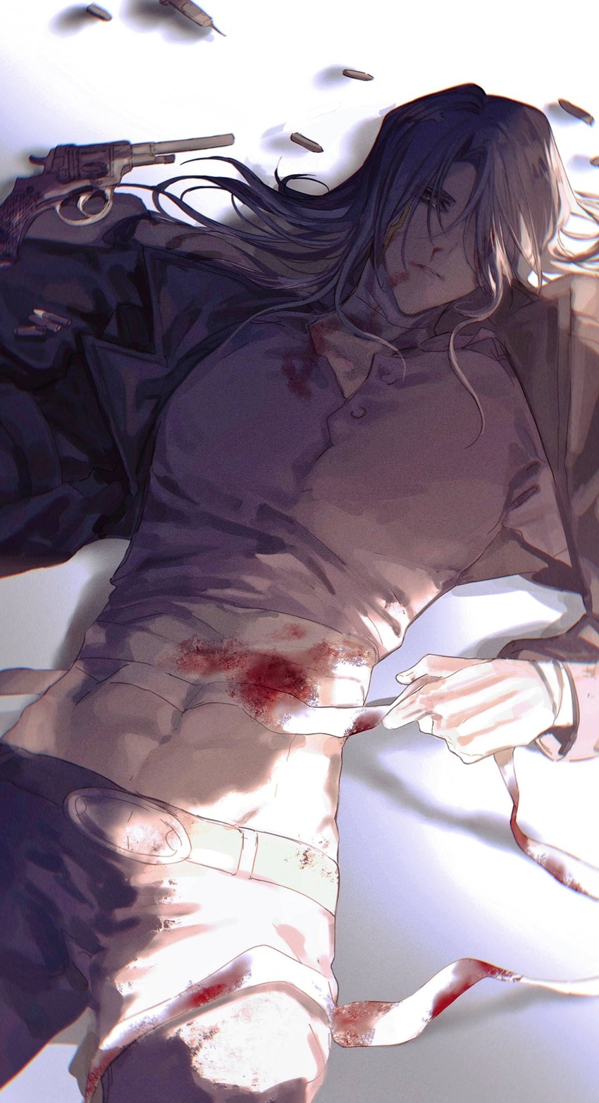 1boy abs alternate_costume bandaged_neck bandaged_torso bandaged_wrist bandages belt bishounen black_jacket blood blood_in_hair blood_on_bandages blood_on_clothes blood_on_face blood_on_mouth bullet facial_mark facial_tattoo grey_hair gun handgun highres injury jacket kiryu_kyosuke lying male_focus medium_hair midriff naoki_(2rzmcaizerails6) navel nosebleed on_back open_clothes open_jacket orange_eyes pants parted_lips purple_shirt shirt solo syringe tattoo toned toned_male upper_body weapon yu-gi-oh! yu-gi-oh!_5d's