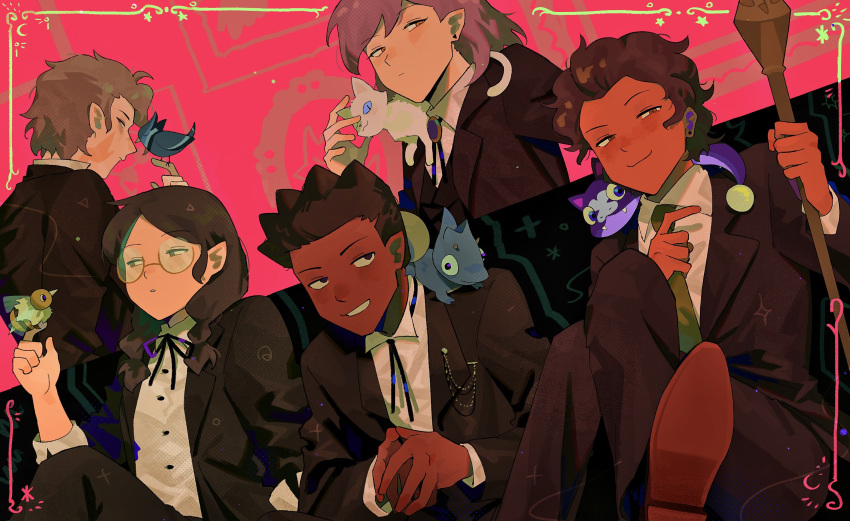 2boys 3girls a-kai202 amity_blight black_suit bolo_tie clover_(the_owl_house) dark-skinned_female dark-skinned_male dark_skin ghost_(the_owl_house) glasses gus_porter hair_slicked_back highres hunter_(the_owl_house) looking_at_viewer luz_noceda mage_staff multiple_boys multiple_girls neck_ribbon necktie pointy_ears ribbon round_eyewear scar scar_on_face staff stringbean_(the_owl_house) suit the_owl_house willow_park