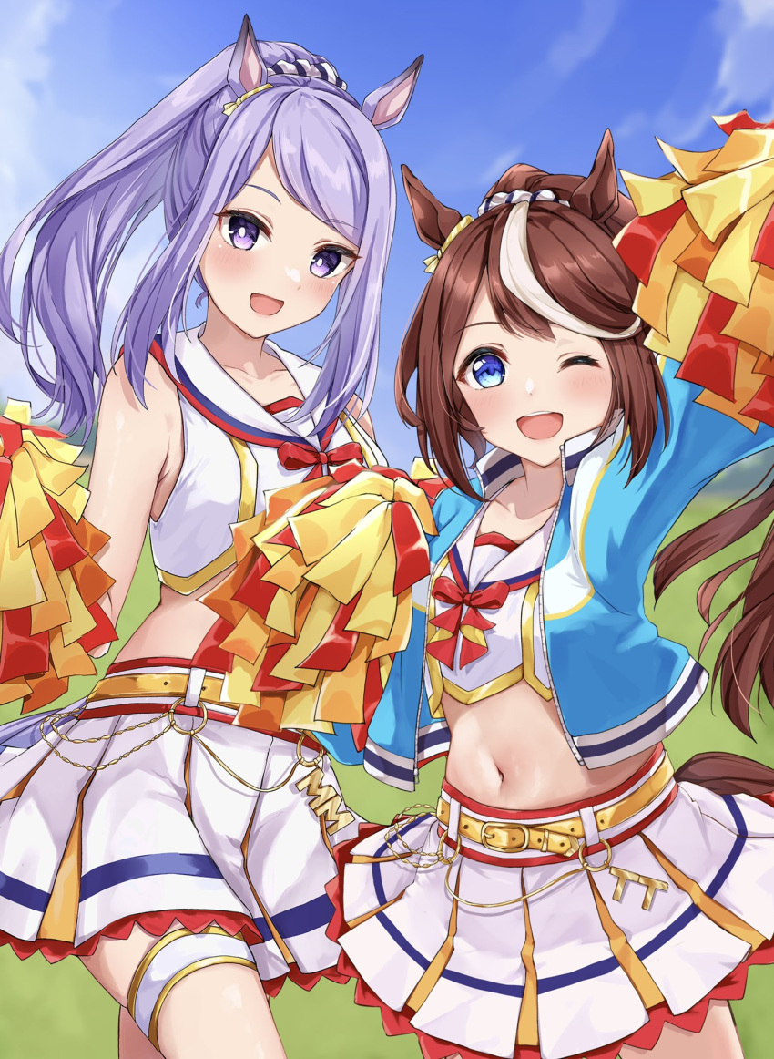 2girls :d ;d alternate_hairstyle animal_ears blue_eyes blue_jacket blush bow brown_hair cheerleader cosplay crop_top hairbow highres horse_ears horse_girl horse_tail jacket long_hair looking_at_viewer mejiro_mcqueen_(umamusume) midriff multicolored_hair multiple_girls navel nice_nature_(run&win)_(umamusume) nice_nature_(umamusume) nice_nature_(umamusume)_(cosplay) one_eye_closed outdoors pink_bow pom_pom_(cheerleading) ponytail purple_eyes purple_hair skirt smile streaked_hair swept_bangs tail tokai_teio_(umamusume) two-tone_hair umamusume white_hair white_skirt yoshinon_(yoshinon_kotori)