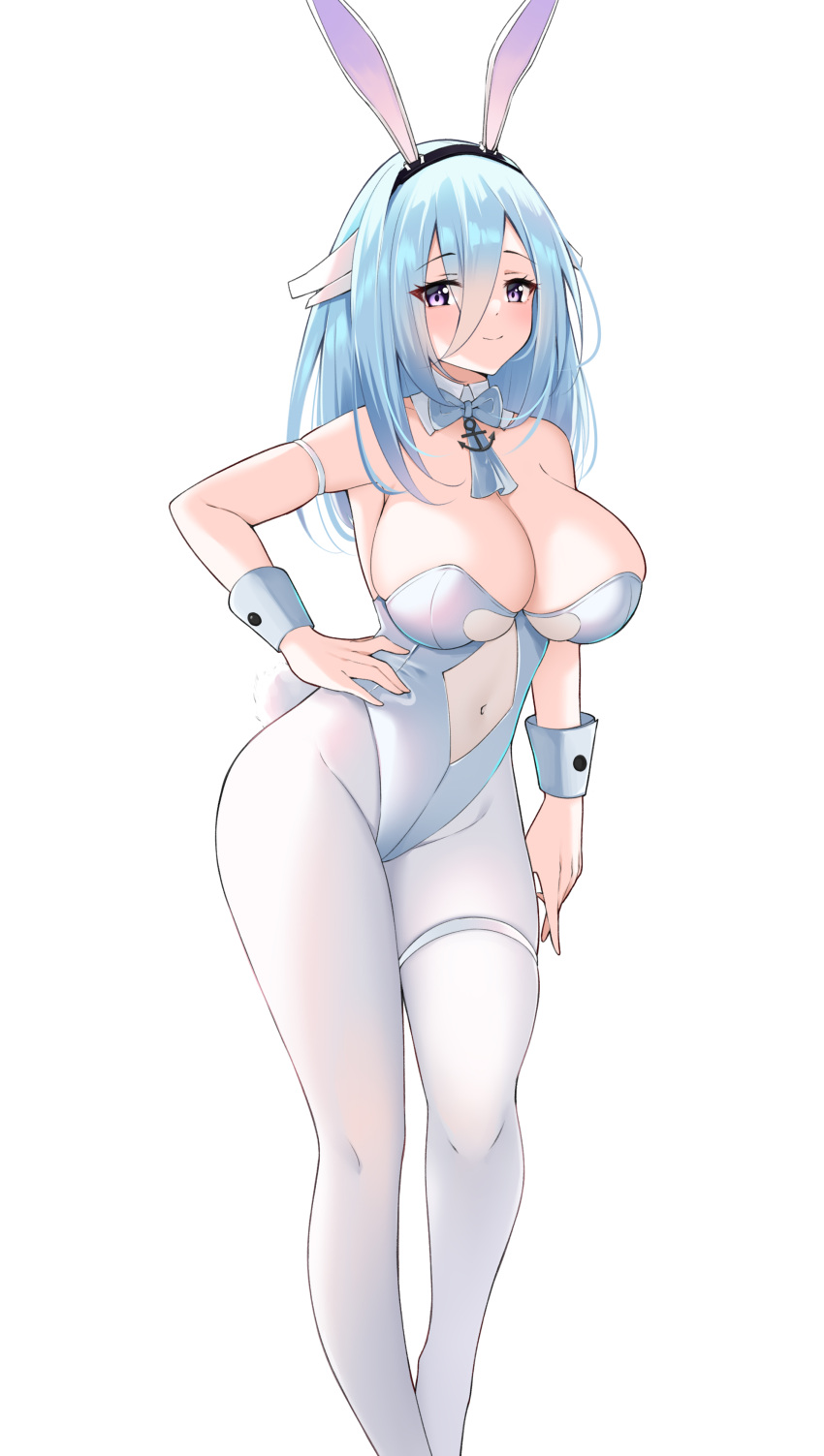 absurdres animal_ears azur_lane bare_shoulders blue_bow blue_bowtie blue_hair blush bow bowtie breasts catnnn closed_mouth constellation_(azur_lane) constellation_(galaxy's_finest)_(azur_lane) covered_navel detached_collar fake_animal_ears feet_out_of_frame female groin hand_on_own_hip headgear highres large_breasts leotard long_bangs long_hair looking_at_viewer official_alternate_costume pantyhose playboy_bunny purple_eyes rabbit_ears simple_background smile solo standing thigh_strap white_background white_leotard white_pantyhose wrist_cuffs