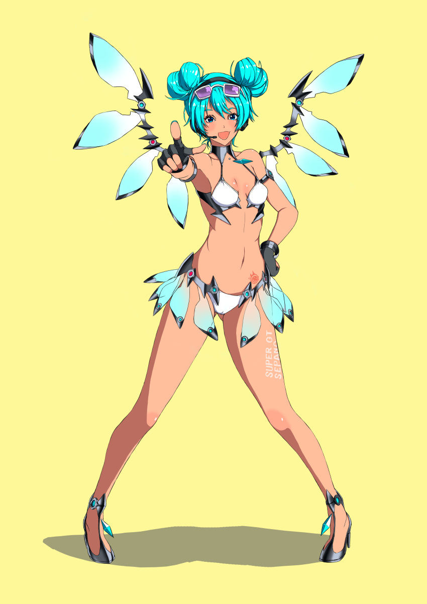 absurdres aqua_eyes aqua_hair bikini black_gloves body_writing breasts dark-skinned_female dark_skin double_bun eyewear_on_head female fingerless_gloves full_body gloves goodsmile_racing hair_bun hatsune_miku headset heart_hair_bun high_heels highres looking_at_viewer mechanical_wings nail_polish navel no_socks open_mouth race_queen racing_miku racing_miku_(2013) racing_miku_(2013_sepang_ver.) sign simple_background smile solo stomach sun_tattoo sunglasses swimsuit tan transparent transparent_wings vocaloid white_bikini wings wobushisangshi