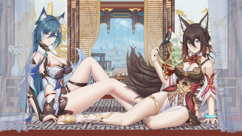 2girls absurdres animal_ears arm_support bad_id bad_pixiv_id bare_shoulders black_hair blue_hair breasts chinese_commentary cleavage commentary_request curtains detached_sleeves feet folding_fan fox_ears gloves green_eyes hair_between_eyes hand_fan highres holding holding_fan honkai:_star_rail honkai_(series) knee_up large_breasts legs long_hair multiple_girls partially_fingerless_gloves purple_eyes suzhi2333 thigh_strap thighlet thighs tingyun_(honkai:_star_rail) toeless_footwear toenails toes very_long_hair yukong_(honkai:_star_rail)