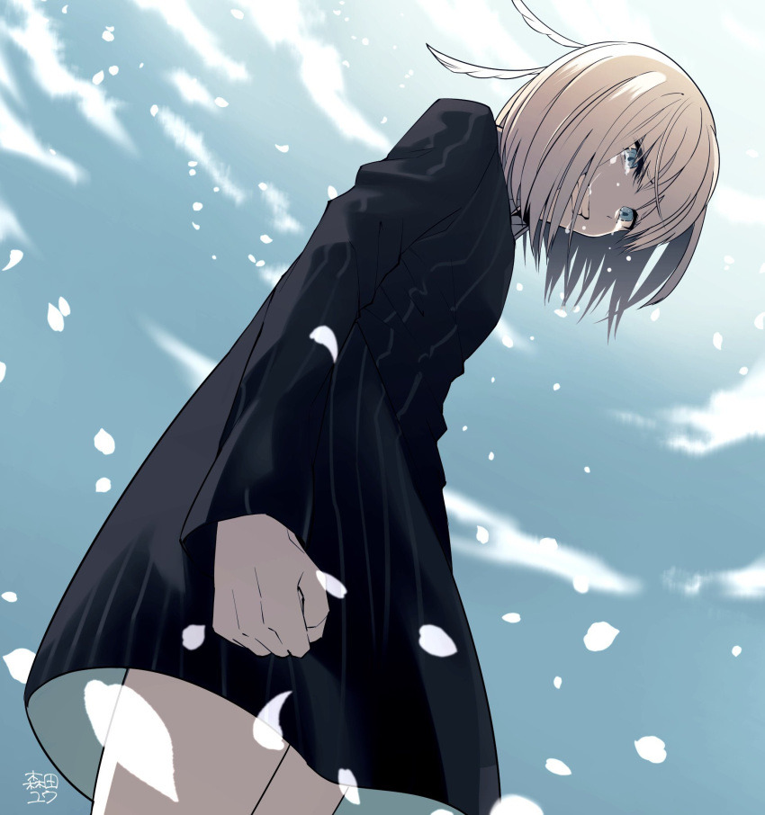 aged_down angry blue_eyes blue_sky clenched_hand clenched_teeth cowboy_shot crying day dress feather_hair female from_below from_side highres konami_kirie looking_down morita_yuu partially_colored petals sad short_hair sky solo teeth world_trigger