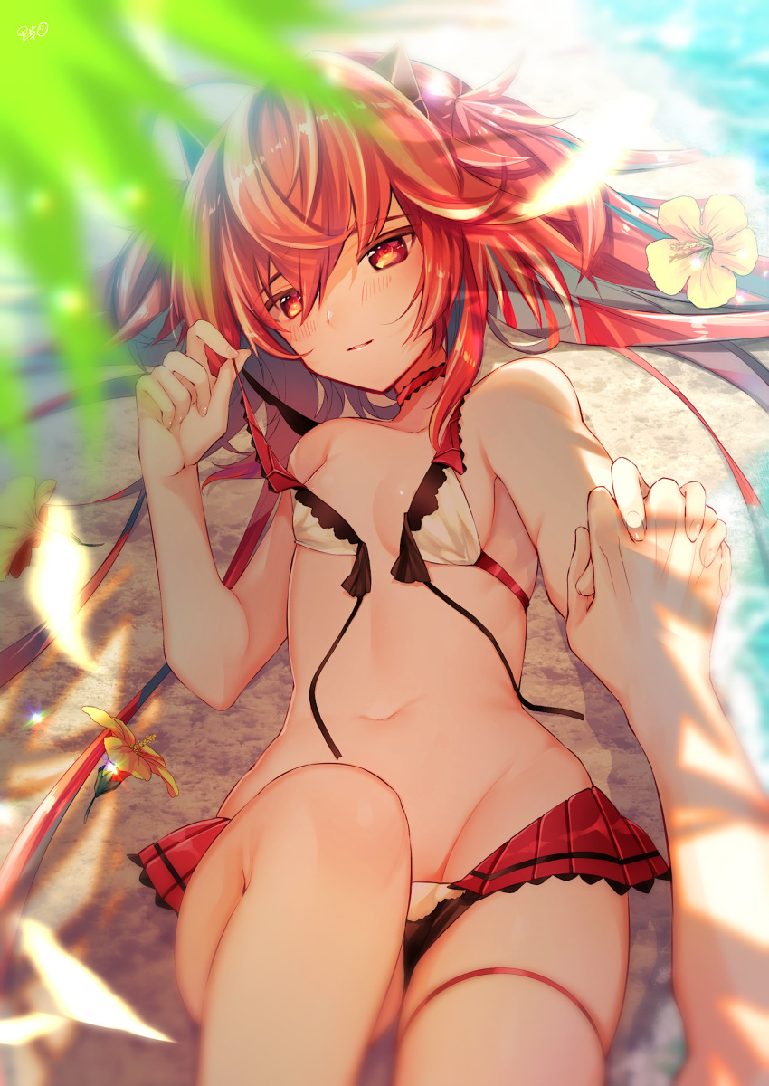 beach bikini bikini_skirt breasts fate/grand_order fate/grand_order_arcade fate_(series) feet_out_of_frame female flower highres long_hair looking_at_viewer lying on_back orange_eyes orange_hair out_of_frame parted_lips pov pov_hands red_skirt sand satoimo_(3311_mi) sita_(fate) skirt small_breasts smile solo_focus swimsuit twintails untied_bikini white_bikini yellow_flower