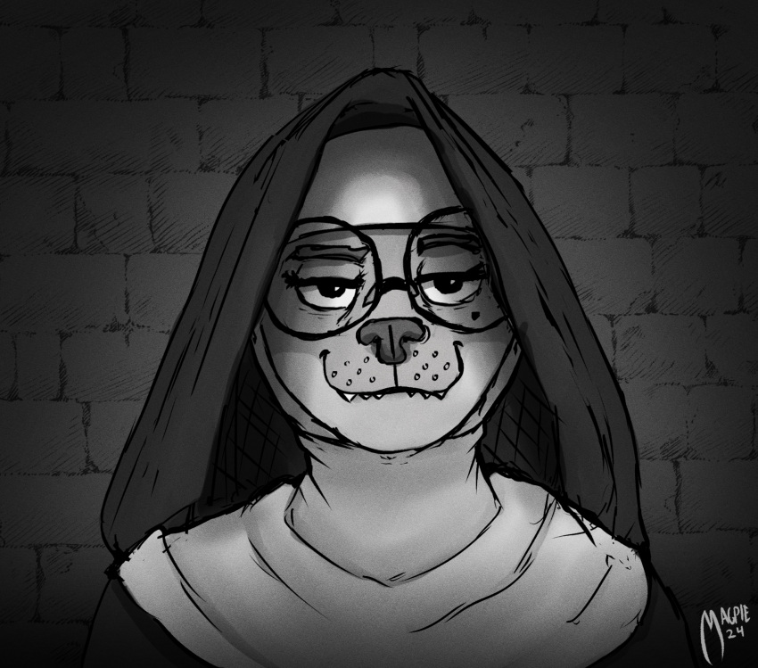 anthro bedroom_eyes bite biting_lip brick_wall bust_portrait canid canine canis clothing coyote detailed_background eyewear female glasses greyscale hi_res kenzie_keener looking_at_viewer mammal markings mole_(marking) monochrome narrowed_eyes nun nun_habit nun_outfit oneflymagpie portrait religious_clothing seductive smile smiling_at_viewer smirk smirking_at_viewer smug solo teeth veil wall_(structure)