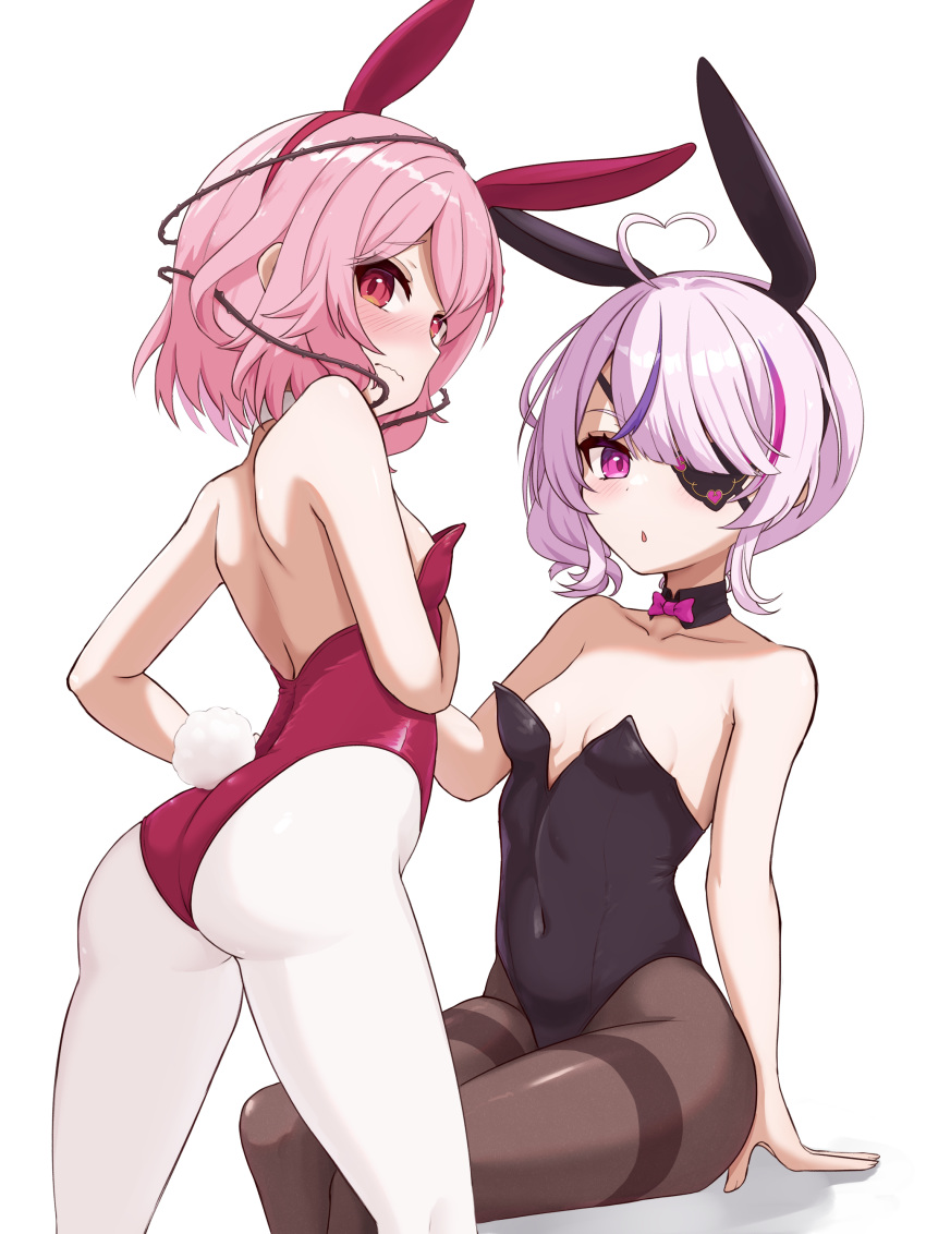 2girls :o absurdres ahoge animal_ears ass bare_shoulders black_leotard blush bow bowtie breasts brown_pantyhose closed_mouth covered_navel detached_collar eyepatch fake_animal_ears fake_tail heart heart_ahoge highleg highleg_leotard highres leotard looking_at_viewer looking_back maria_marionette multicolored_hair multiple_girls nijisanji nijisanji_en nose_blush pantyhose pink_bow pink_bowtie pink_hair playboy_bunny purple_eyes purple_hair rabbit_ears rabbit_tail red_eyes red_leotard rosemi_lovelock short_hair side_ponytail sitting small_breasts strapless strapless_leotard streaked_hair tail telomere thighband_pantyhose thorns traditional_bowtie virtual_youtuber wavy_mouth white_background white_pantyhose