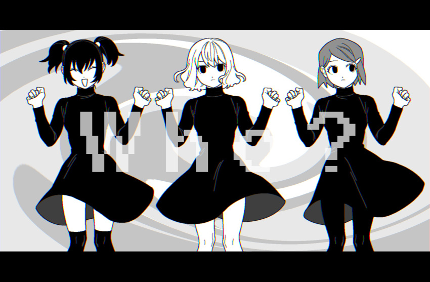 3girls ^_^ abstract_background bad_id bad_pixiv_id bob_cut chromatic_aberration closed_eyes commentary_request dancing dress empty_eyes facing_viewer feet_out_of_frame hair_behind_ear hair_ornament hairclip highres ichimura_shiho letterboxed lineup long_sleeves looking_at_viewer looking_to_the_side midori_(rgonkr) multiple_girls nikaidou_rui odd_taxi open_mouth over-kneehighs pantyhose parody pigeon-toed short_dress short_hair short_twintails smile song_name spoilers standing swept_bangs thighhighs turtleneck turtleneck_dress twintails w_arms wadagaki_sakura wavy_hair who?_(vocaloid)