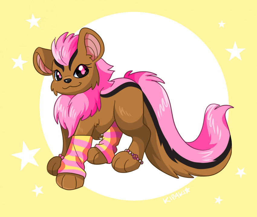 ambiguous_feral ambiguous_gender beaded_jewelry beads black_eyes brown_body brown_fur clothing feral fluffy fluffy_tail fur hair hi_res jewelry jumpstart_games kandi_(jewelry) kipaki legwear neopet_(species) neopets pattern_clothing pattern_legwear pink_body pink_fur pink_hair pink_pupils pupils solo striped_clothing striped_legwear stripes tail xweetok