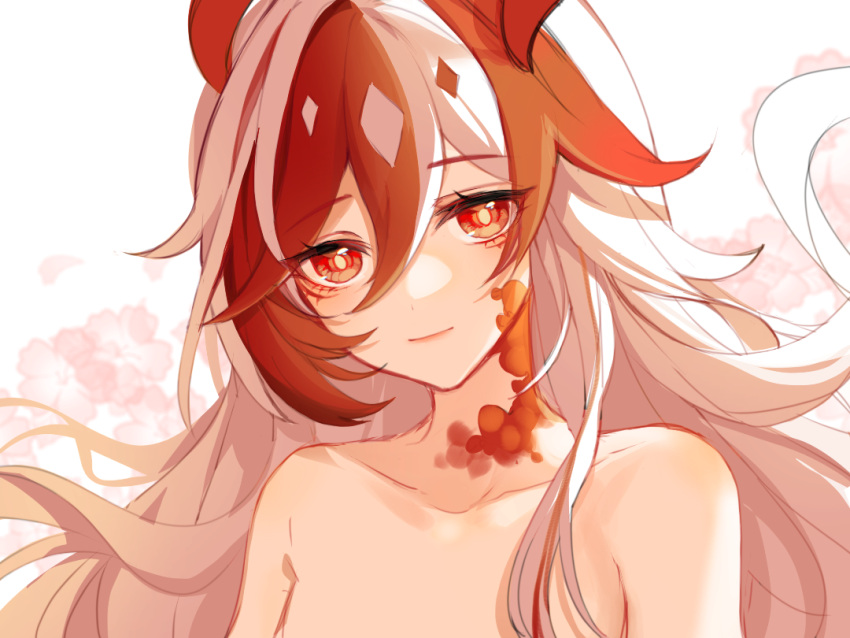 chinese_commentary commentary_request completely_nude eyeliner fu_hua fu_hua_(fenghuang_of_vicissitude) hair_between_eyes honkai_(series) honkai_impact_3rd light_smile long_hair makeup mangzhi_yaoyao multicolored_hair nude red_eyeliner red_eyes red_hair red_scales scales solo streaked_hair symbol-shaped_pupils two-tone_hair upper_body very_long_hair white_background white_hair yellow_pupils