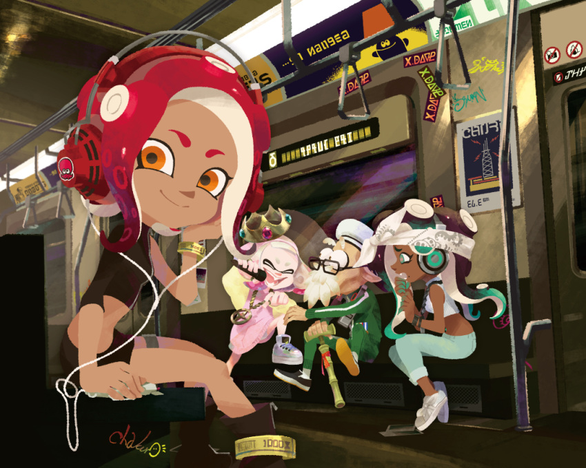 1boy 3girls agent_8_(splatoon) beard cap'n_cuttlefish cha_kuro_(limo) crown dark-skinned_female dark_skin facial_hair glasses graffiti green_jacket green_pants headphones holding holding_microphone inkling jacket marina_(splatoon) microphone midriff multiple_girls music navel octoling octoling_girl octoling_player_character orange_eyes pants pearl_(splatoon) pointy_ears red_hair shirt signature singing sitting smile splatoon_(series) splatoon_2 splatoon_2:_octo_expansion tentacle_hair train_interior white_facial_hair white_footwear white_shirt