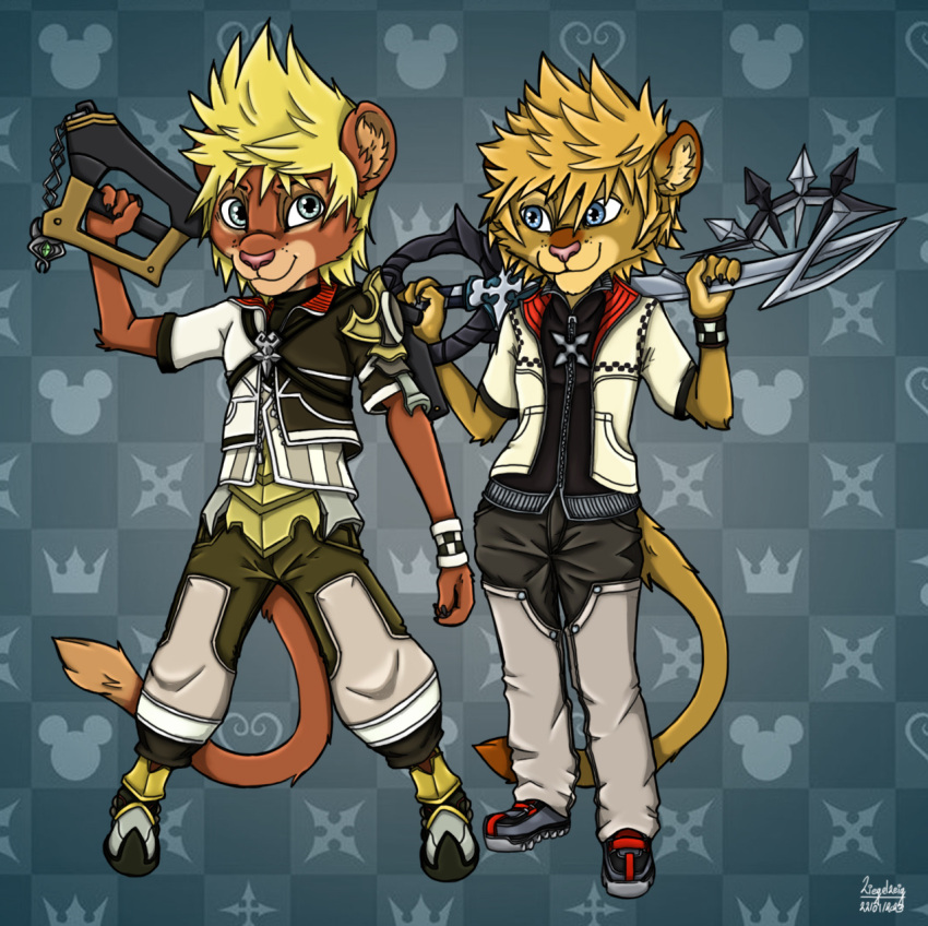 2023 anthro blonde_hair blue_eyes brown_body brown_fur duo felid fur hair hi_res keyblade kingdom_hearts lion male mammal melee_weapon nobody_(kingdom_hearts) pantherine roxas_(kingdom_hearts) square_enix ventus_(kingdom_hearts) weapon ziegelzeig