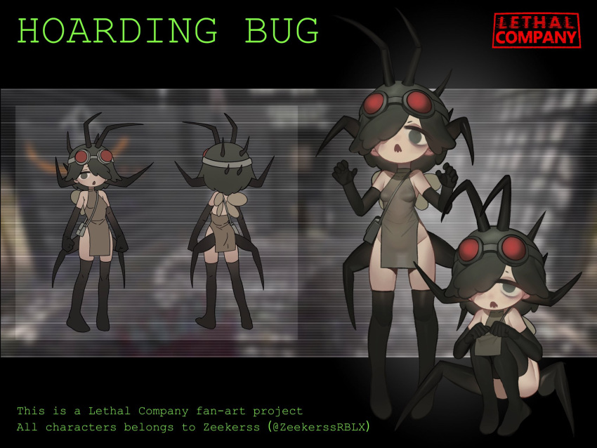 arthropod_girl arthropod_limbs bag bags_under_eyes black_thighhighs bottomless breasts copyright_name english_commentary english_text entity_(lethal_company) fangs female goggles goggles_on_head grey_eyes hair_over_one_eye highres hoarding_bug_(lethal_company) humanization insect_wings kamitoge_supino lethal_company no_pants personification red_goggles satchel small_breasts thighhighs twitter_username wings