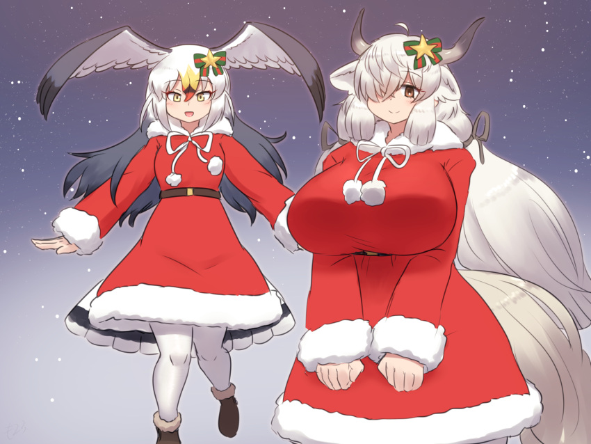 2girls animal_ears bird_girl bird_tail bird_wings black-tailed_gull_(kemono_friends) black_hair blonde_hair blush breasts brown_eyes curvy dress extra_ears grey_hair hair_between_eyes hair_over_one_eye head_wings highres horns huge_breasts kemono_friends kemono_friends_3 long_hair looking_at_viewer mo23 multicolored_hair multiple_girls open_mouth ox_ears ox_girl ox_horns pantyhose ribbon santa_dress smile tail twintails very_long_hair white_hair wings yak_(kemono_friends) yellow_eyes