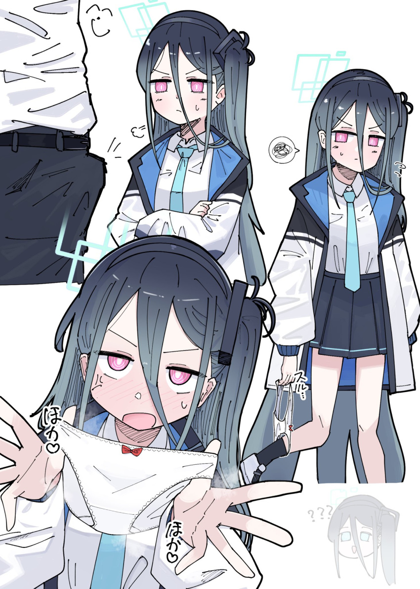 <key>_(blue_archive) 1boy 2girls absurdly_long_hair anger_vein aris_(blue_archive) black_hair black_hairband black_skirt blue_archive blue_eyes blue_necktie blush bulge closed_mouth collared_shirt doodle_sensei_(blue_archive) erection erection_under_clothes green_halo hairband halo highres holding holding_clothes holding_panties holding_underwear long_hair long_sleeves multiple_girls necktie one_side_up open_mouth panties pleated_skirt presenting_removed_panties puff_of_air puffy_long_sleeves puffy_sleeves red_eyes ringed_eyes sensei_(blue_archive) shirt simple_background skirt spoken_squiggle squiggle underwear very_long_hair white_background white_panties white_shirt yuhatasuki