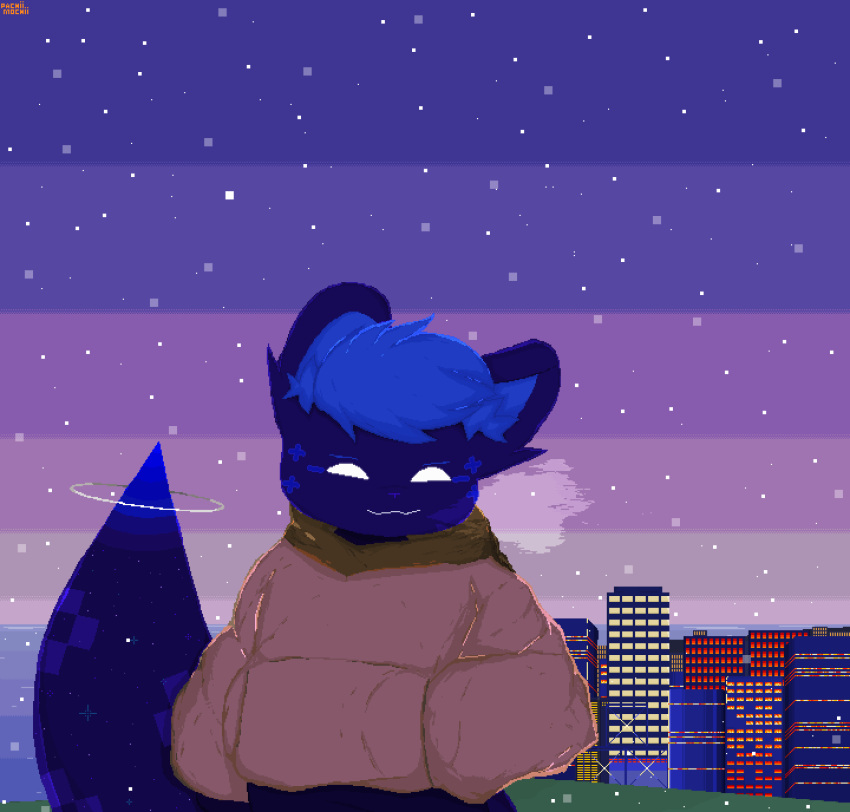 absurd_res ambience animal_humanoid anthro atmospheric_perspective big_ears blue_body blue_eyes blue_hair breath building checkered checkered_fur city cityscape clothed clothing cold comfy dark_body dark_fur detailed detailed_background detailed_fur digital_media_(artwork) domestic_cat felid feline felis fluffy fluffy_tail fog fur hair hand_in_pocket hands_in_both_pockets hi_res hoodie humanoid inner_ear_fluff light male mammal minus_sign multicolored_body multicolored_fur outside pachiimochii paws pixel_(artwork) pixelated pixels planet_rings plus_sign pockets purple_body purple_fur pyxel_edit_(artwork) retro skyscraper smile smoke snow snowing solo steamy_breath striped_body striped_fur stripes tail tesseline_hygadeine topwear tuft