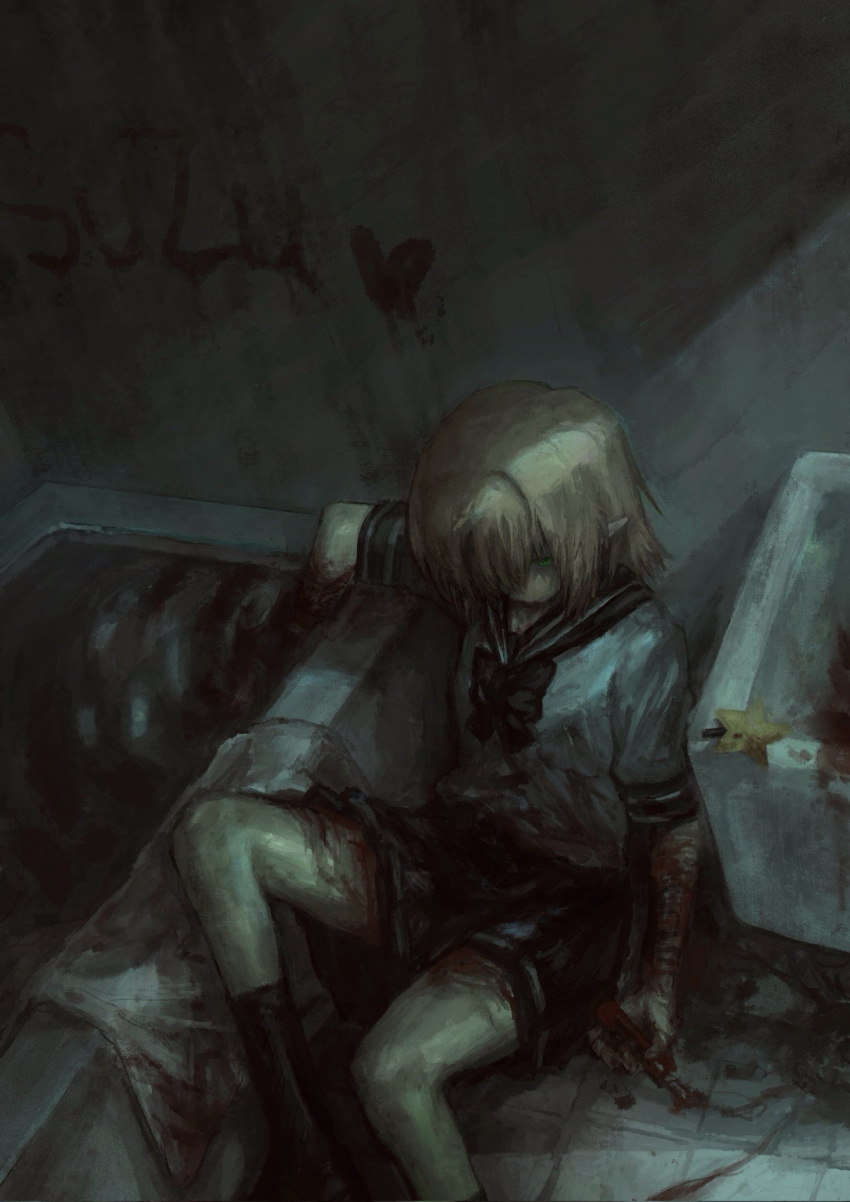 bathroom bathtub black_bow black_bowtie black_sailor_collar black_skirt black_socks blonde_hair bow bowtie boxcutter closed_mouth commentary cookie_(touhou) corrupted_twitter_file cuts feet_out_of_frame female green_eyes hair_between_eyes hair_over_one_eye heart highres holding holding_boxcutter injury joker_(cookie) kaiten_gunshuu_no_kage long_bangs mizuhashi_parsee pointy_ears sailor_collar school_uniform self-harm serafuku shirt short_hair short_sleeves sitting skirt socks solo star_(symbol) touhou water white_shirt wrist_cutting