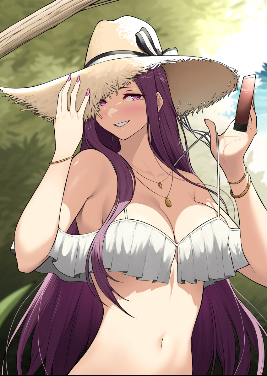 adjusting_clothes adjusting_headwear blush breasts cellphone cleavage commentary_request day female grin hand_on_headwear hat heart heart-shaped_pupils highres holding holding_phone imaizumin-chi_wa_douyara_gal_no_tamariba_ni_natteru_rashii jewelry large_breasts long_hair navel necklace nori_gorou official_art outdoors phone pink_nails purple_eyes purple_hair sasaki_yukina smartphone smile solo standing straw_hat sun_hat swimsuit symbol-shaped_pupils teeth upper_body