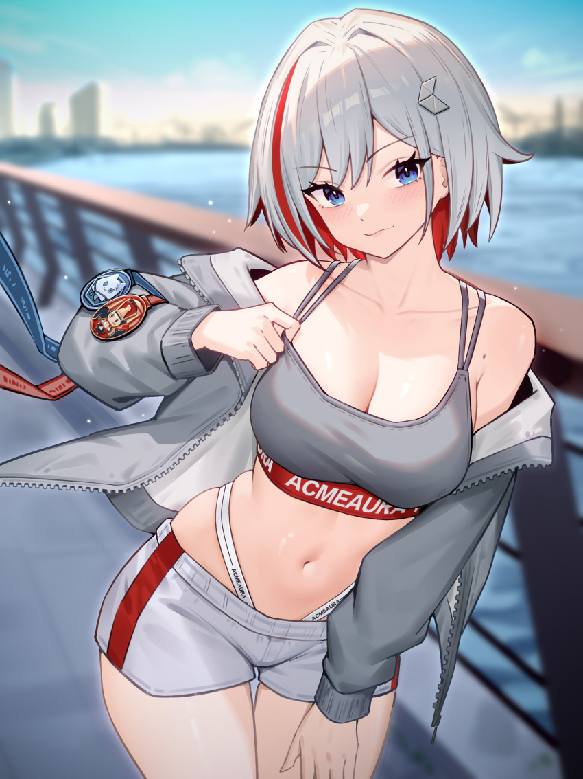 95--- absurdres blue_sky breasts cleavage colored_inner_hair commission female fence grey_hair grey_jacket grey_pants grey_sports_bra hair_ornament highres honkai:_star_rail honkai_(series) jacket large_breasts long_sleeves looking_at_viewer midriff mole mole_on_shoulder multicolored_hair navel off_shoulder open_clothes open_jacket outdoors pants patch pom-pom_(honkai:_star_rail) red_hair second-party_source short_hair short_shorts shorts sky solo sports_bra standing streaked_hair thigh_gap thighs topaz_(honkai:_star_rail) water wubbaboo_(honkai:_star_rail)