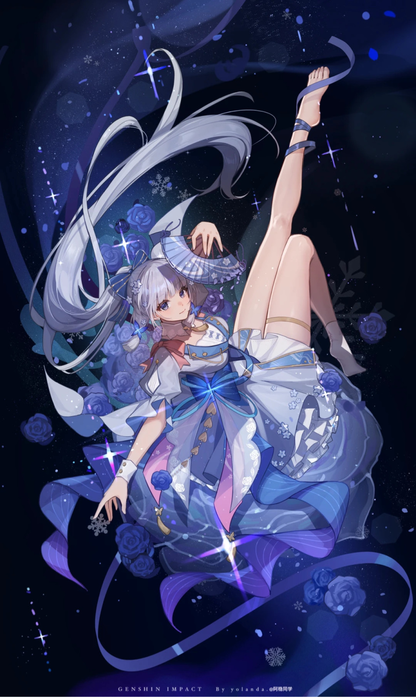 alternate_costume arm_up artist_name barefoot blue_bow blue_dress blue_flower blue_hair blue_ribbon blue_rose blunt_tresses bow closed_mouth copyright_name dress feet female flower full_body genshin_impact hair_flower hair_ornament hand_fan highres holding holding_fan kamisato_ayaka leg_up legs light_blue_hair looking_at_viewer puffy_short_sleeves puffy_sleeves purple_eyes ribbon rose short_sleeves single_barefoot single_sock smile snowflakes socks solo sparkle thigh_strap toes white_socks wrist_cuffs yolanda