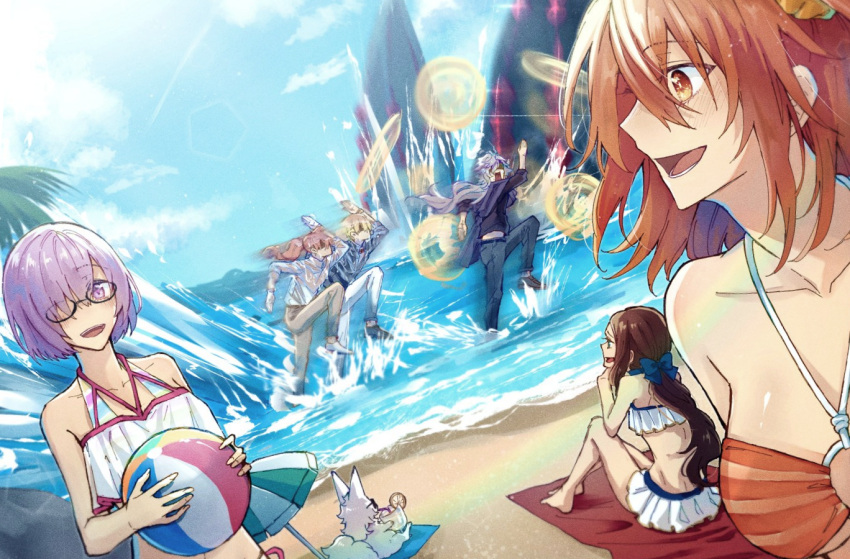 3boys 3girls :d \||/ ball beach beach_towel beach_umbrella beachball bikini black-framed_eyewear blonde_hair blue_bow blue_sky blush bow brown_hair cloud cloudy_sky cup day demon_pillar_(fate) drinking drinking_straw dutch_angle fate/grand_order fate_(series) film_grain fou_(fate) frilled_bikini frills fujimaru_ritsuka_(female) fujimaru_ritsuka_(female)_(brilliant_summer) gate_of_babylon_(fate) gilgamesh_(establishment)_(fate) gilgamesh_(fate) glasses hair_ornament hair_over_one_eye hair_scrunchie hairbow holding holding_ball holding_beachball holding_cup knees_up lens_flare leonardo_da_vinci_(fate) leonardo_da_vinci_(rider)_(fate) long_hair looking_at_another low_ponytail mash_kyrielight mash_kyrielight_(swimsuit_of_perpetual_summer_ver.02) merlin_(camelot_&_co)_(fate) merlin_(fate) motion_blur multicolored_bikini multicolored_clothes multiple_boys multiple_girls nekohanemocha non-circular_lens_flare o-ring o-ring_bikini ocean official_alternate_costume open_mouth orange_bikini orange_eyes orange_hair outdoors palm_tree pants pink_hair ponytail purple_eyes purple_hair rainbow_bikini romani_archaman running sand scrunchie shaded_face short_hair sitting sky smile square_mouth standing striped_bikini striped_clothes sunglasses swimsuit towel tree tropical_drink umbrella water white_bikini white_hair white_pants yellow_scrunchie