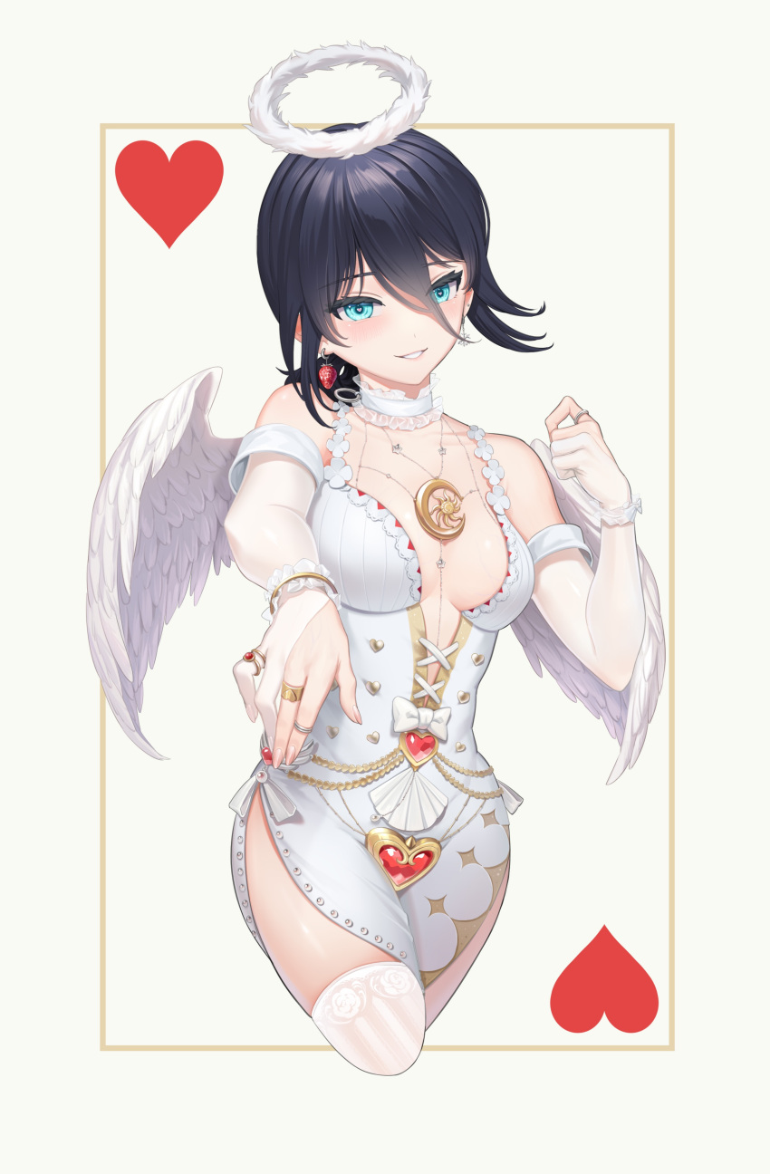 absurdres angel_wings aqua_eyes black_hair breasts card_(medium) chainsaw_man chinese_commentary choker commentary_request crescent cropped_legs dress earrings elbow_gloves female food-themed_earrings frilled_choker frills fur_halo gloves hair_between_eyes halo heart highres jewelry kiunchiku medium_breasts mismatched_earrings multiple_rings partially_fingerless_gloves plunging_neckline reze_(chainsaw_man) ring side_slit solo strawberry_earrings thighhighs white_choker white_dress white_gloves white_thighhighs wings wrist_cuffs