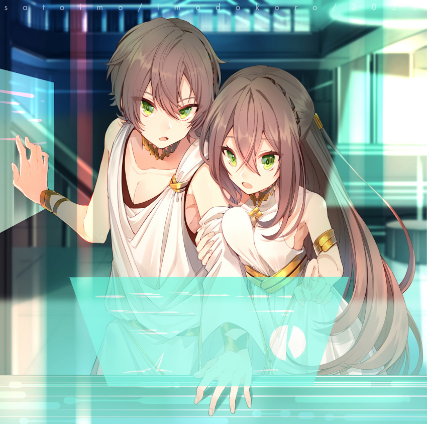 1boy adele_(fate) blurry brother_and_sister brown_hair depth_of_field dress fate/grand_order fate_(series) female gold_bracelet gold_trim green_eyes hair_between_eyes highres holographic_interface long_hair looking_down makarios_(fate) open_mouth satoimo_(3311_mi) short_hair siblings sleeveless sleeveless_dress toga upper_body white_dress