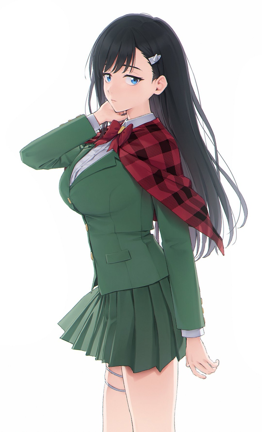 black_hair blue_eyes breasts burn_the_witch capelet closed_mouth female green_jacket green_skirt hair_behind_ear hair_ornament hairclip half-closed_eyes highres holster jacket large_breasts long_hair long_sleeves looking_at_viewer mikazuchi_zeus niihashi_noel plaid_capelet pleated_skirt red_capelet shirt simple_background skirt solo thigh_holster thigh_strap white_background white_shirt