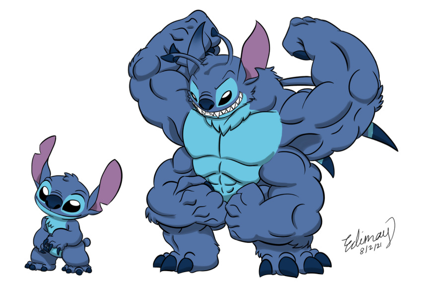 2021 4_arms 4_fingers 4_pecs 4_toes abs alien antennae_(anatomy) anthro back_spines biceps big_muscles biped black_eyes blue_body blue_claws blue_fur blue_nose cel_shading chest_tuft claws dated digital_drawing_(artwork) digital_media_(artwork) dipstick_antennae disney ear_markings edimay experiment_(lilo_and_stitch) featureless_chest feet finger_claws fingers flexing fur grin head_tilt head_tuft lilo_and_stitch male multi_arm multi_limb multi_pecs multicolored_antennae muscular notched_ear pecs shaded sharp_teeth signature simple_background small_tail smile solo standing stitch_(lilo_and_stitch) tail teeth toe_claws toes tuft white_background