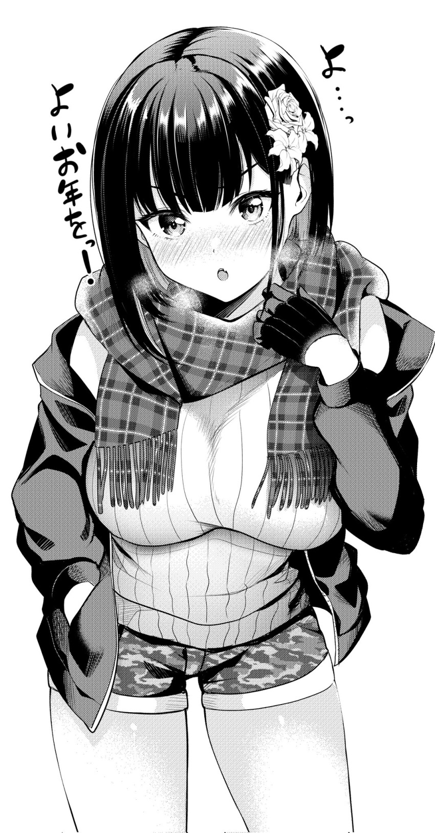 :o black_gloves blush breasts camouflage camouflage_shorts cowboy_shot female flower gloves greyscale hair_flower hair_ornament hand_in_pocket highres jacket large_breasts medium_hair monochrome original plaid plaid_scarf ribbed_sweater ryopa scarf short_shorts shorts solo sweater