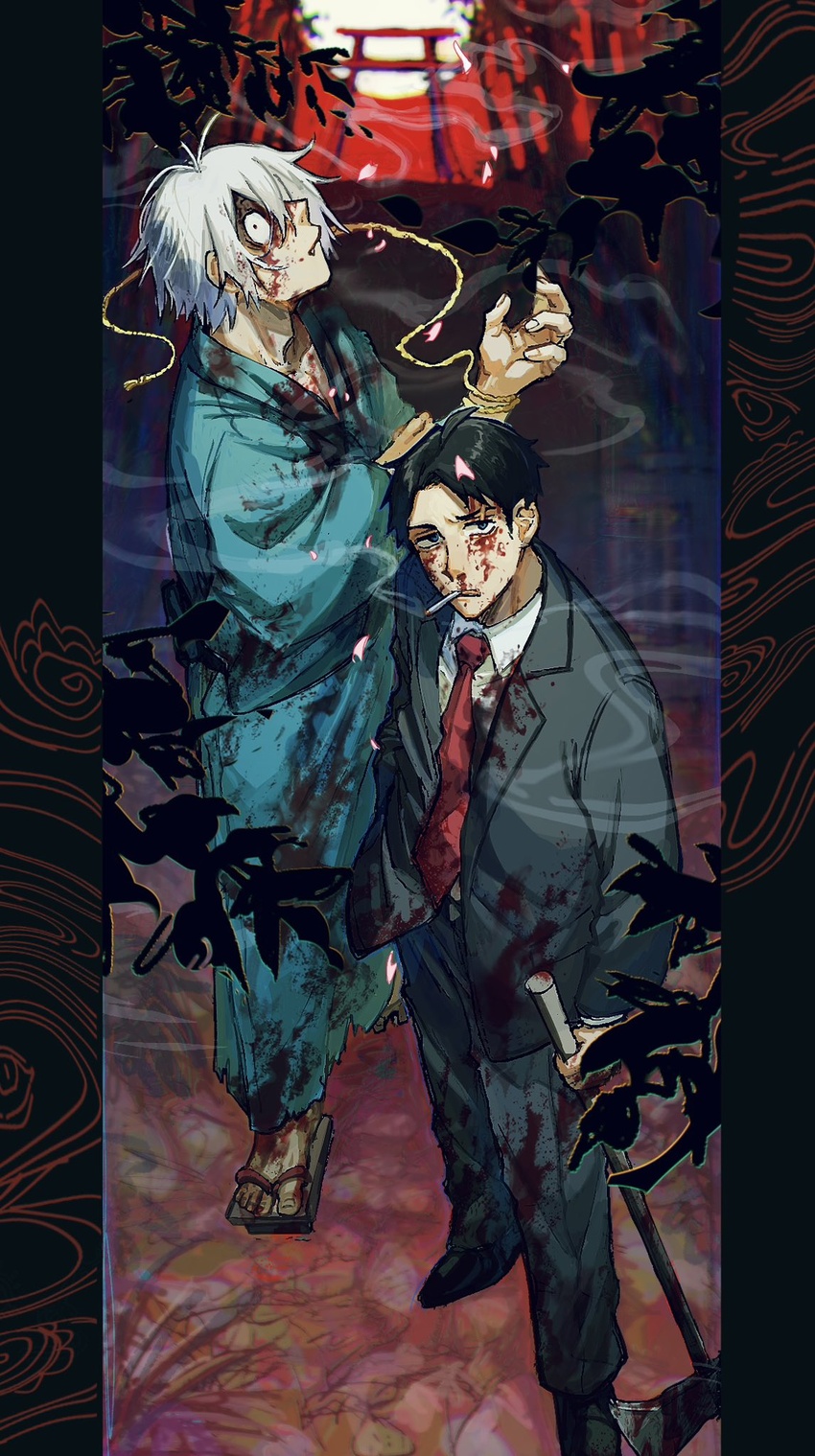 2boys adam's_apple axe black_eyes black_hair black_jacket black_pants black_suit bleeding blood blood_on_clothes blood_on_face blue_eyes blue_kimono blurry blurry_background cherry_blossoms cigarette closed_mouth constricted_pupils dress_pants full_body full_moon gegege_no_kitarou geta hand_in_pocket highres holding holding_axe jacket japanese_clothes kimono kitarou_tanjou:_gegege_no_nazo long_sleeves looking_at_viewer looking_up male_focus medama_oyaji_(human) mizuki_(gegege_no_kitarou) moon mouth_hold multiple_boys necktie night nosebleed oerba_yun_fang open_clothes open_jacket outdoors pants pillarboxed red_necktie red_sky reverse_grip rope_around_wrist saba_ichimi scar scar_across_eye short_hair sky smoke_trail smoking suit suit_jacket torii white_hair wide-eyed yukata