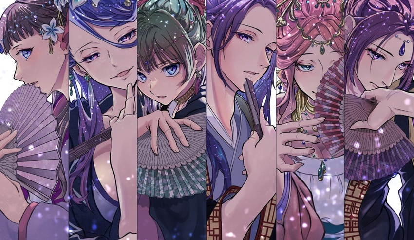 1boy 5girls adam's_apple ah-duo_(kusuriya_no_hitorigoto) androgynous bell blue_eyes blue_hair blunt_bangs breasts chinese_clothes circlet closed_mouth column_lineup dancing earrings flower folded_fan folding_fan green_hair gyokuyou_(kusuriya_no_hitorigoto) hair_between_eyes hair_flower hair_ornament hair_over_one_eye hair_stick hand_fan hand_up hanfu holding holding_fan jacket jewelry jingle_bell jinshi_(kusuriya_no_hitorigoto) kusuriya_no_hitorigoto large_breasts light_particles lihua_(kusuriya_no_hitorigoto) lishu_(kusuriya_no_hitorigoto) long_hair long_sleeves looking_at_viewer looking_to_the_side looking_up maomao_(kusuriya_no_hitorigoto) multiple_girls necklace ninaxi_sham one_eye_covered parted_bangs pink_hair profile purple_eyes purple_hair sideways_glance simple_background sparkle starry_sky_print tassel tassel_earrings upper_body white_background