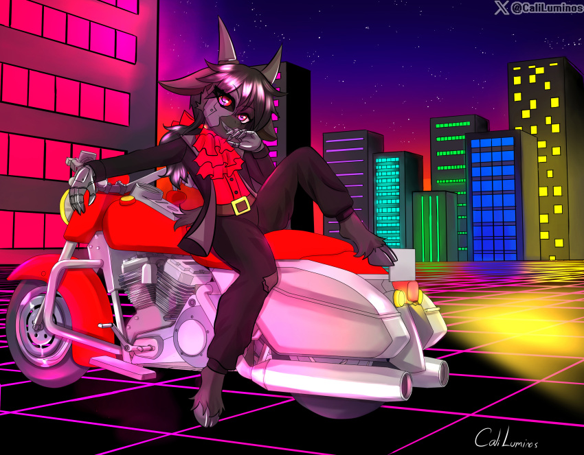 absurd_res anthro bovid caliluminos caprine city cybernetics cyborg femboy goat hi_res hooves horn machine male mammal mico motorcycle retro robot solo synthwave vehicle virtual world